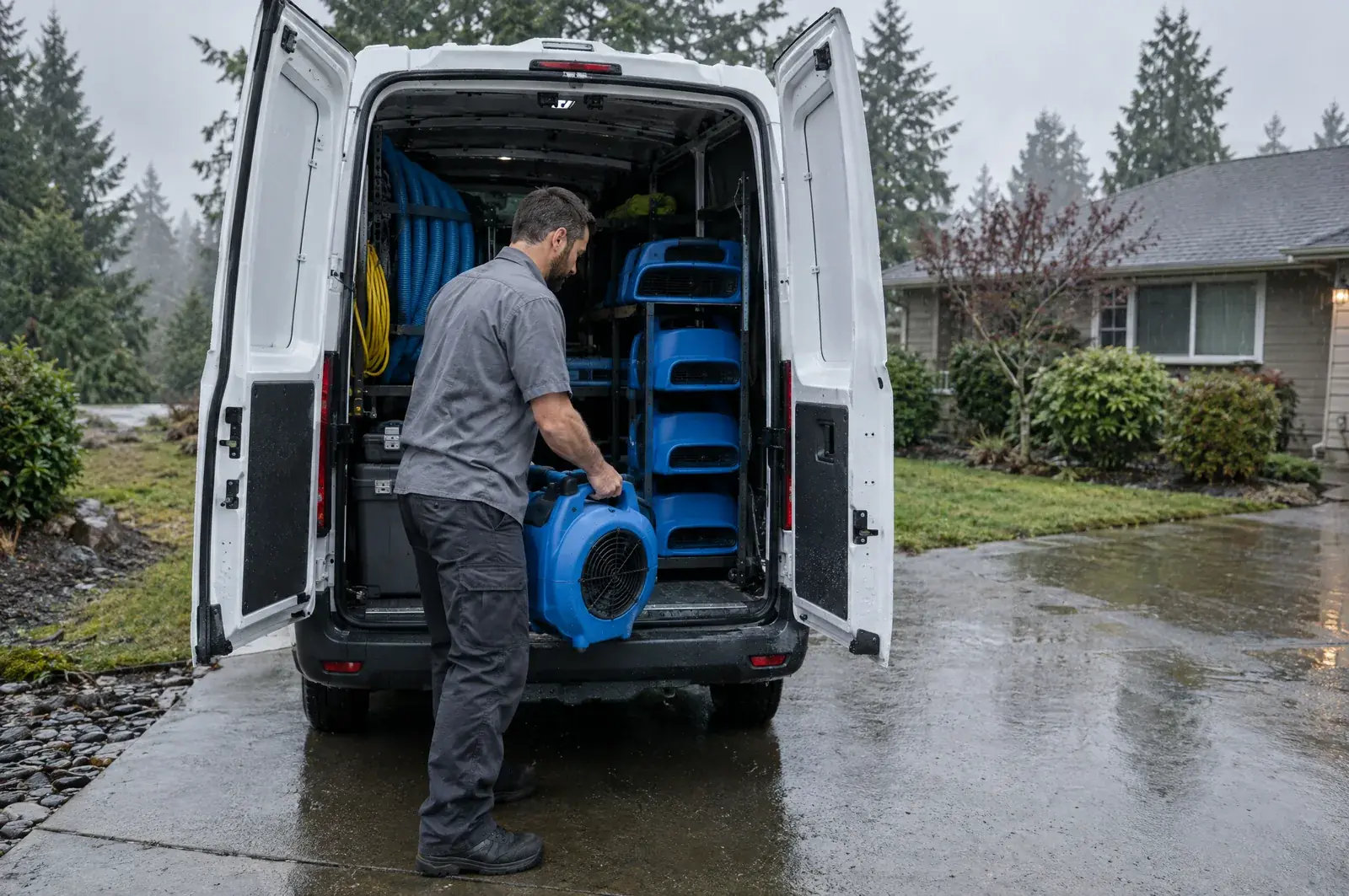 Restoration equipment being unloaded for a water damage job