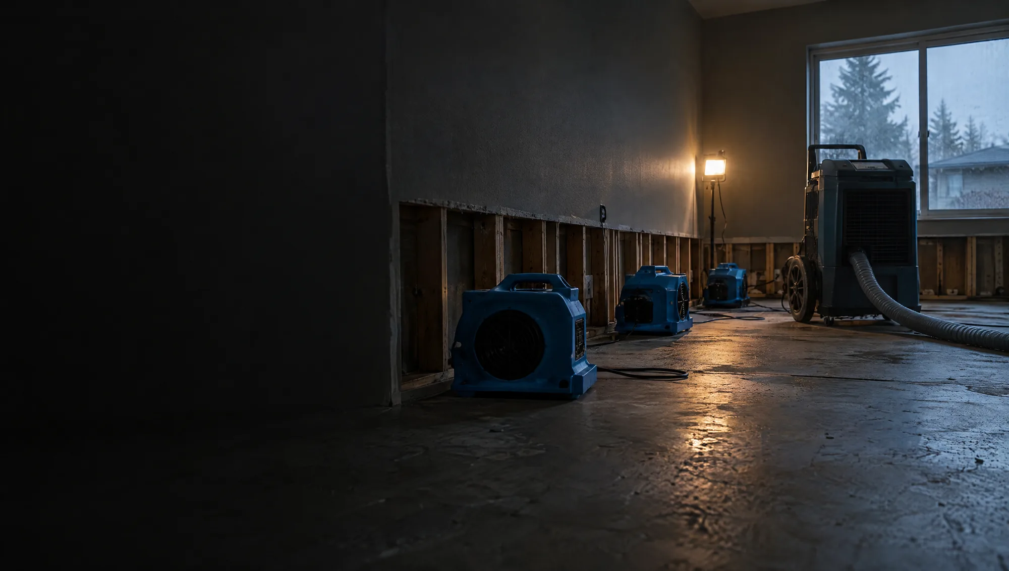 Air movers and a dehumidifier drying a room after water damage
