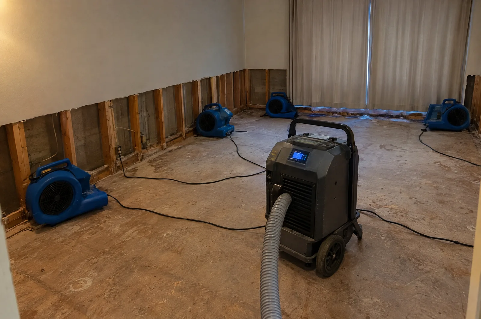 Air movers and a dehumidifier drying a room after a flood cut exposed the wall studs