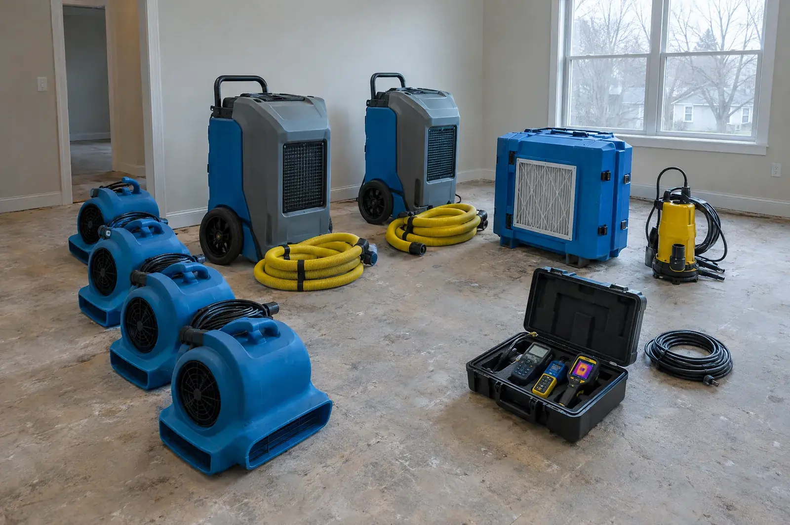 Air movers, dehumidifiers and moisture meters staged for a water damage restoration job
